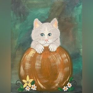 Charming Feline on Pumpkin Canvas Art